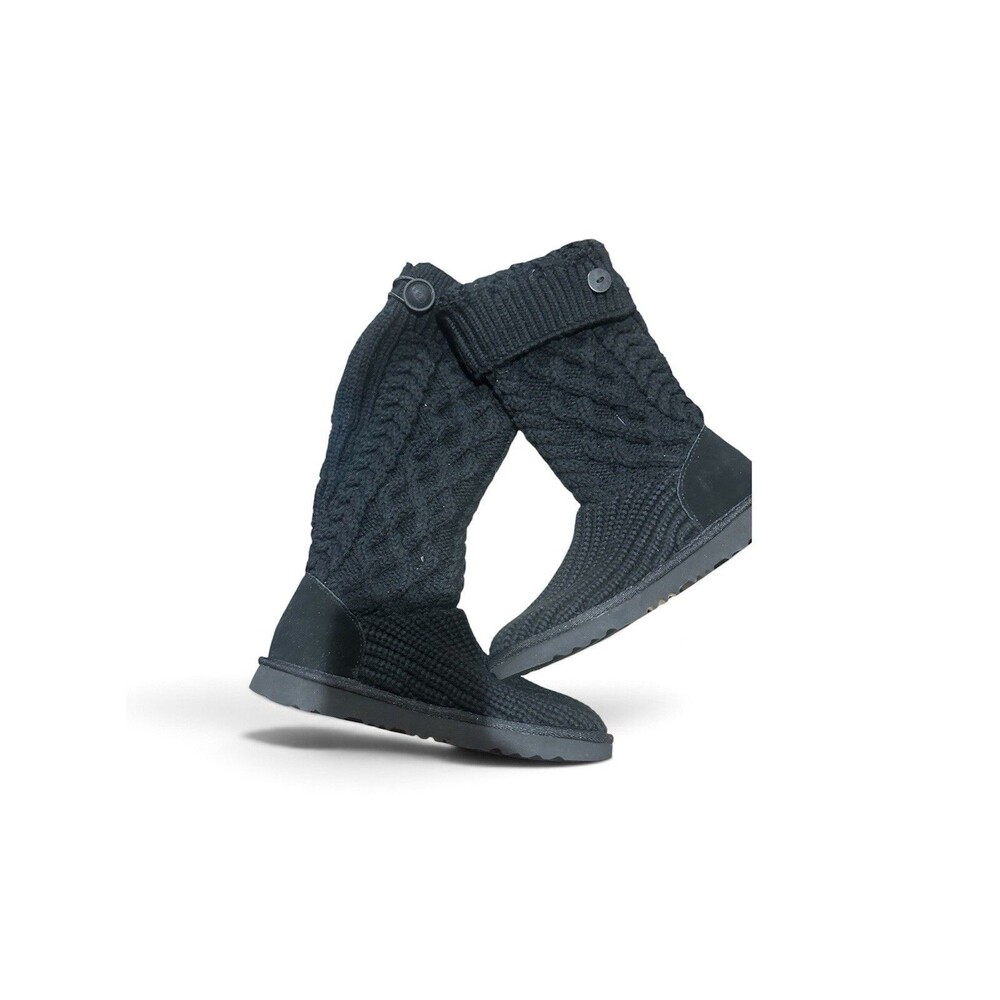 UGG youth Black Cable Knit Knee High Boots Button 4 NEW